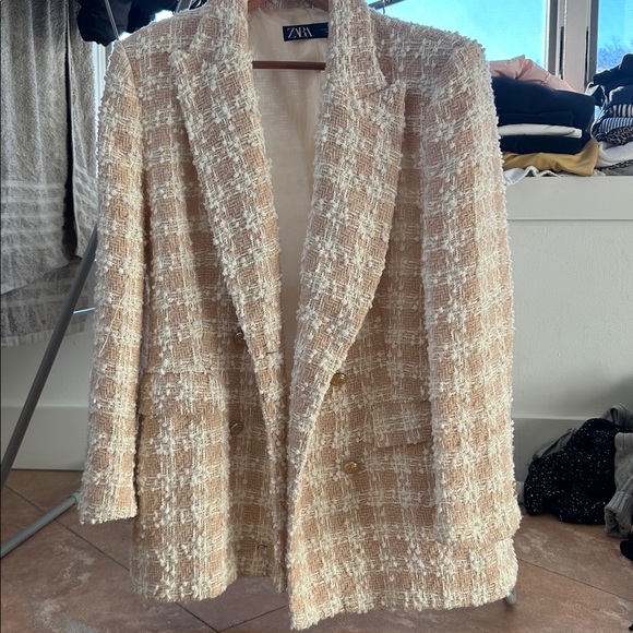 Zara Cream Tweed Blazer Jacket - Picture 7 of 8